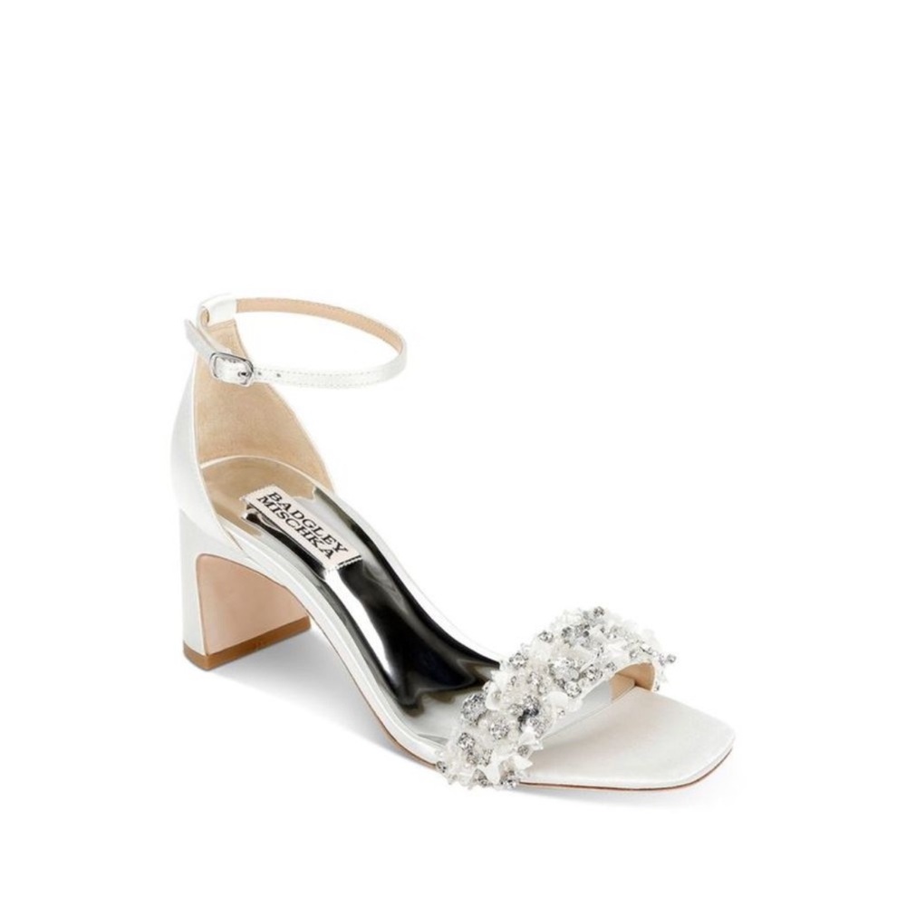 BADGLEY MISCHKA Womens White Embellished Teela Block Heel Heeled Sandal 7.5